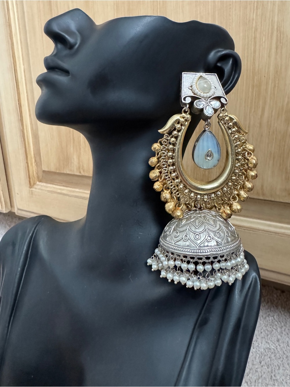 Traditional Gold & Silver Jhumka Drop Earring with Pearl Tassels - Women Jewelry
